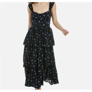 WeWoreWhat Corset Tiered‎ Midi Dress Womens S Black Blue Floral Cottagecore